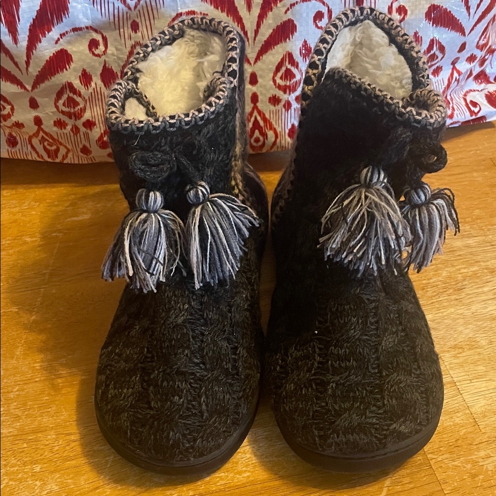 Muk Luks Charcoal Knit Slippers with Tassels